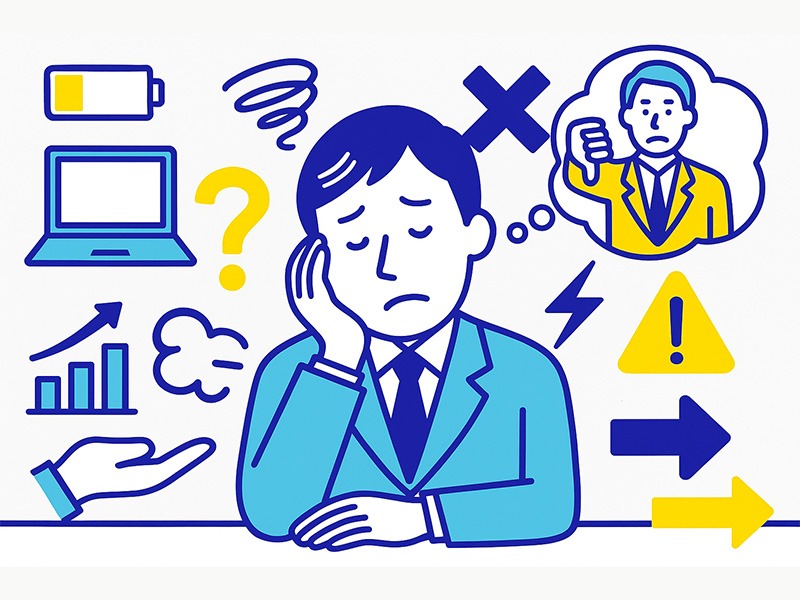 30代が仕事を辞めたい理由を「疲れた・できない・無能だと感じる・とりあえず辞めたい」など悩み別に整理し、特徴や注意点をイメージ化したイラスト。30代特有の辞めたい理由の構造を示すアイコンを多数配置した構図。