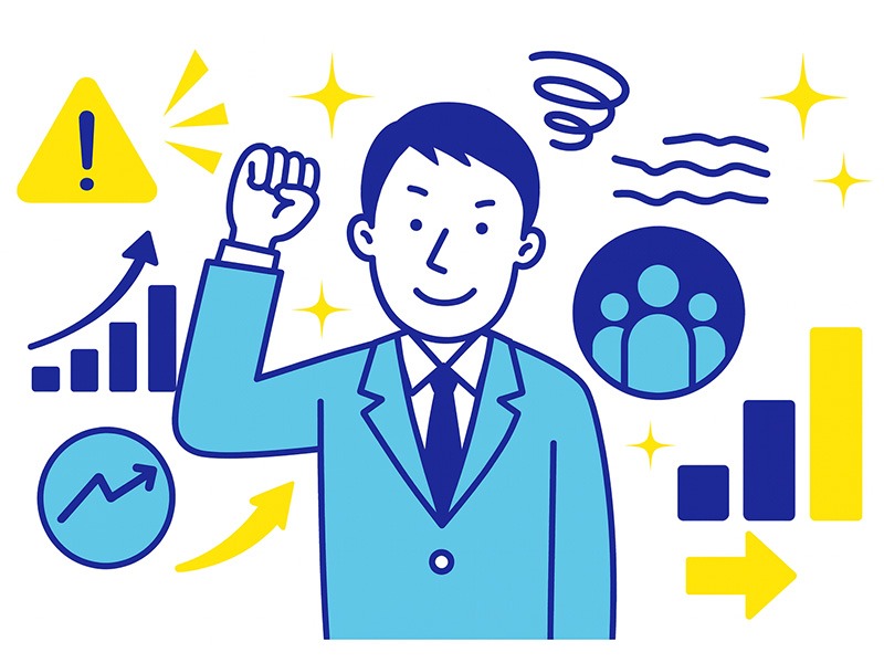 30代が会社を辞める理由ランキングをイメージ化したイラスト。責任増加や業務量、成長停滞、人間関係など複数の辞めたい理由を示すアイコンを配置し、30代が抱えやすい悩みの傾向を視覚的にまとめた構図。