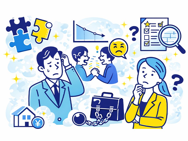 30代の主な退職理由とその原因を表したイラスト。仕事内容のミスマッチや人間関係、評価不満、将来不安、働き方の制約を整理している