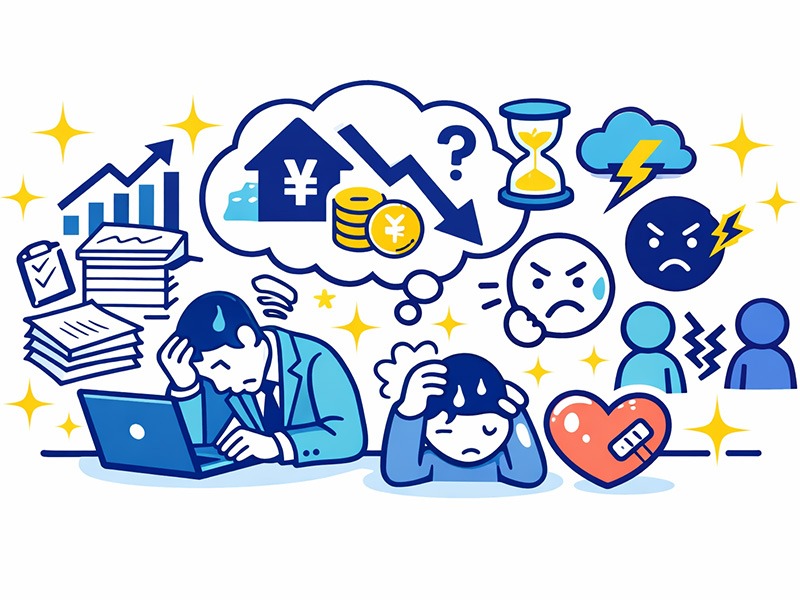 40代が仕事を辞めたいと感じる理由を、評価停滞や将来不安、心身の疲れなどの要因とともに表したイラスト