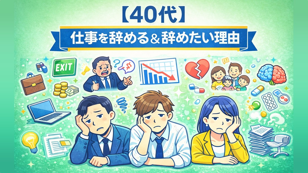 40代が仕事を辞める・辞めたい理由に悩み、やる気を失っている男女を描いたイラスト
