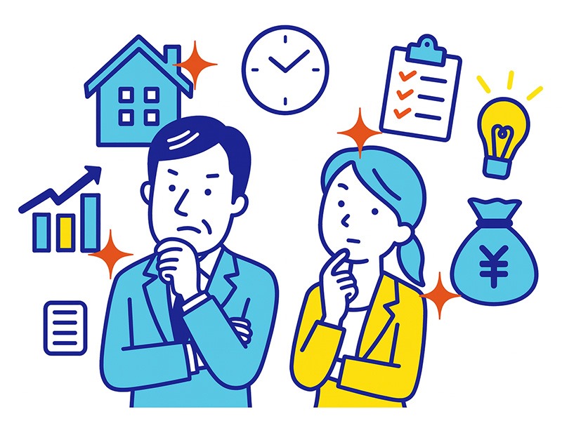 40代が仕事を辞めたい時の対処法をイメージしたイラスト。業務整理、将来不安、家計、スキル棚卸しなど複数の視点で状況を見直す40代男女の構図。