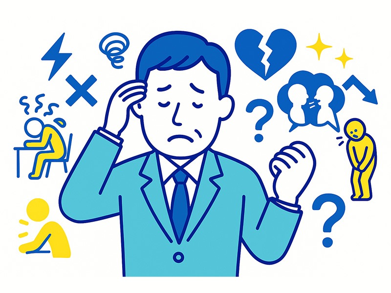 40代が会社を辞めたい理由の特徴を表したイラスト。悩みを抱える40代男性の周囲に、疲労・人間関係・将来不安などを象徴するアイコンを配置した構図。