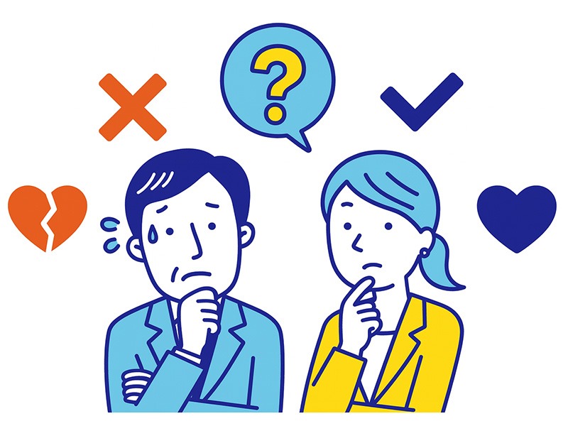 40代が転職すべきか残るべきか判断する様子を表したイラスト。悩む40代男女の周囲に、判断軸を象徴するチェックマーク・バツ印・疑問符などのアイコンを配置した構図。