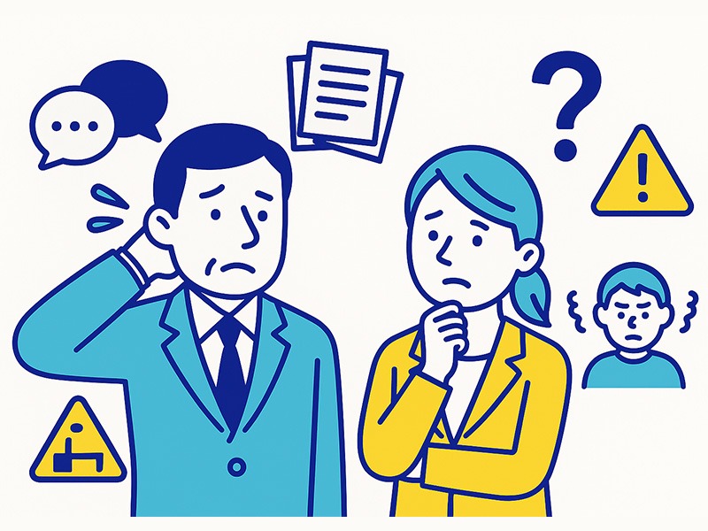 40代が会社を辞めたい理由ランキングをイメージしたイラスト。業務量の増加や人間関係、将来不安など複数の悩みを抱える40代ビジネスパーソンを表現した構図。
