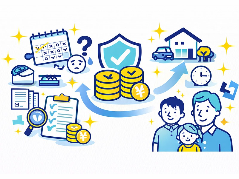 40代が仕事を辞める前に考える貯金額の目安を、生活費や家族構成、安心材料として整理するイメージイラスト