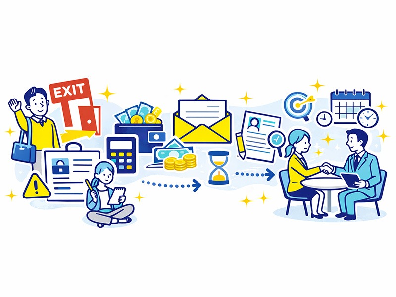 仕事を辞めてから転職活動を進める流れを示すイラスト。退職後の生活費管理や失業給付、応募準備から面接までの工程を整理したイメージ