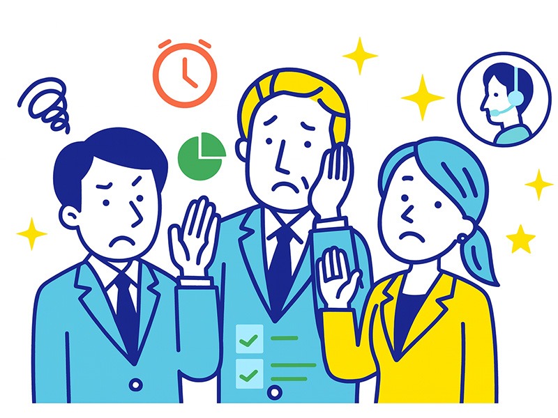 しつこい転職エージェントへの断り方を表現したイラスト。ビジネスパーソンが困った表情で対応に悩む様子を描いた画像。