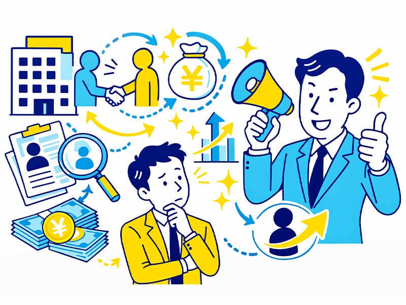 転職エージェント使うなと言われる構造を表すイラスト。紹介料ビジネスの仕組みと転職エージェントの営業型行動の関係を表現