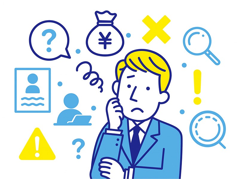 転職エージェントがやめとけと言われる理由を表現したイラスト。エージェントの構造に悩むビジネスパーソンと周囲のアイコンを配置した図。