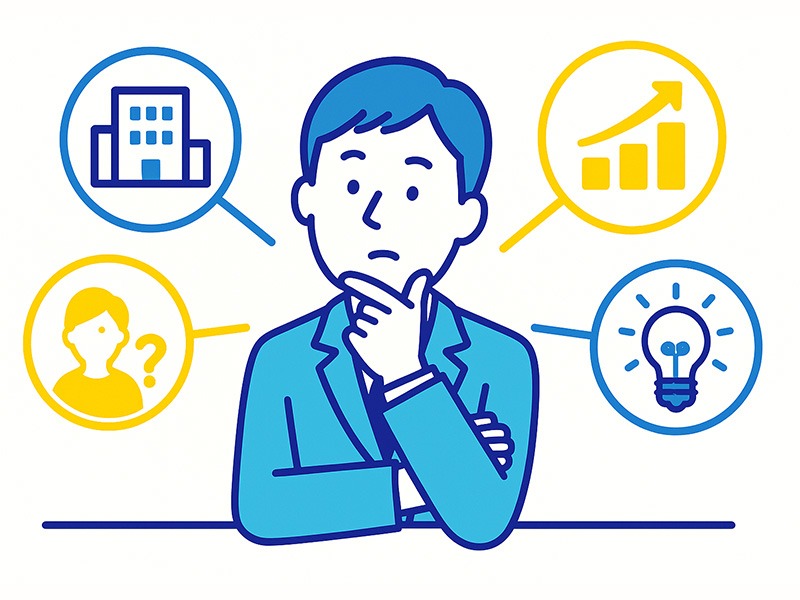 就活の企業研究で事業理解を深める様子を描いたイラスト。主力サービスの価値や解決する課題を整理する就活生のイメージ。