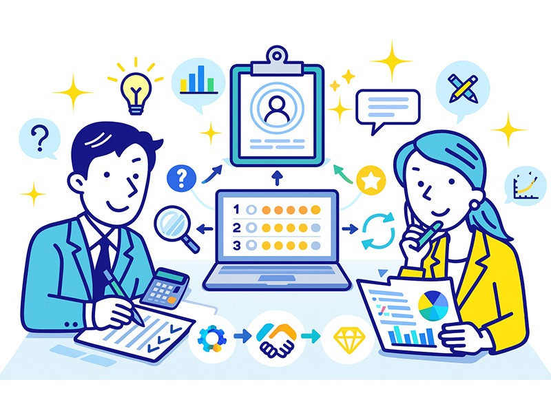 自己分析をもとに就活の軸をつくり企業選びを進める大学生のイラスト｜就活の軸