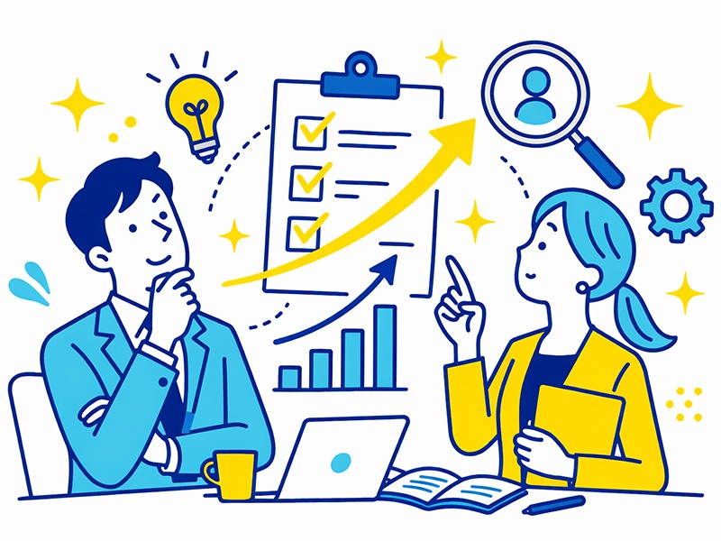 転職で後悔しないための判断基準を考える男女とチェックリストや矢印アイコンを描いたイラスト（転職 後悔しない 判断基準）