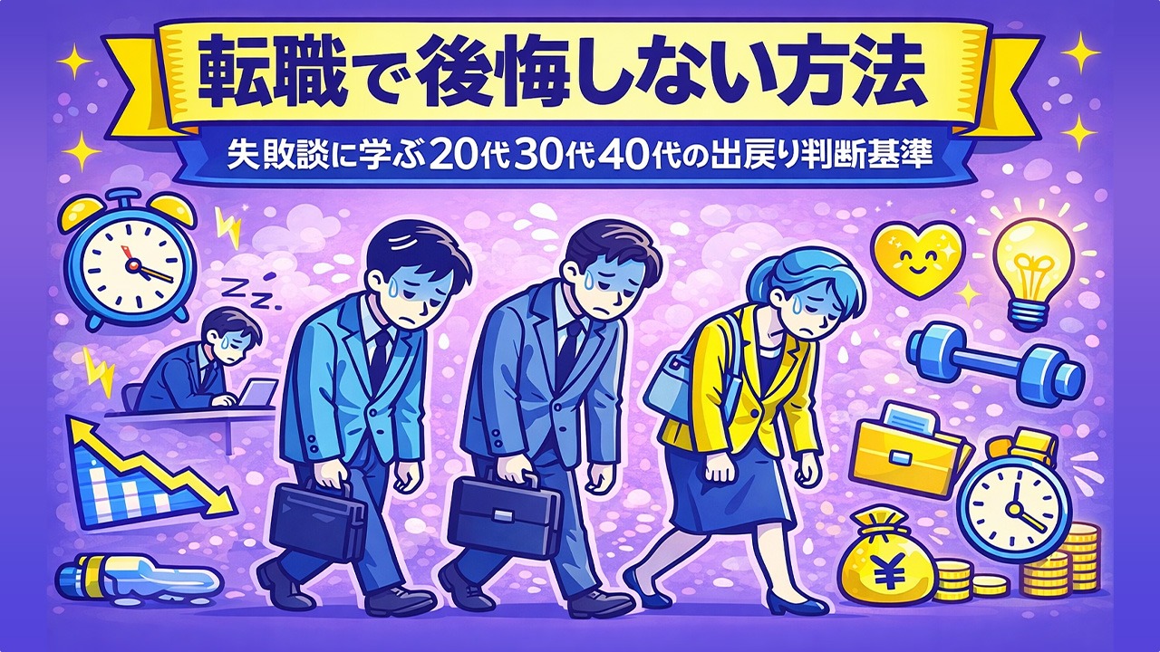 転職で後悔しない方法をテーマに、20代30代40代の会社員がうつむいて歩く様子と仕事・メンタル・時間・お金のアイコンを描いたイラスト