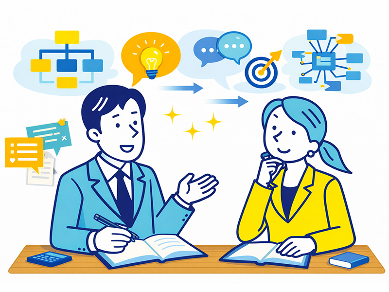 ケース面接の回答例をもとに、フレームワークに頼らず考え方の流れや思考整理のポイントを理解している様子のイラスト