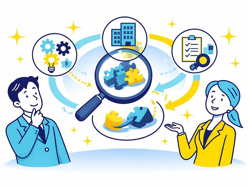 ケース面接で企業が評価する思考プロセスや論点整理の流れを、アイコンと図解で表したイラスト