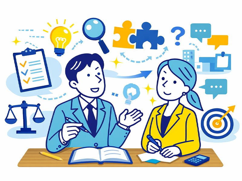 ケース面接で企業が見ている評価軸として、論理性や仮説思考、対話姿勢など思考プロセスを評価している様子のイラスト