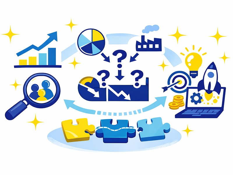 ケース面接の代表的な例題パターンや問題構造を、アイコンで整理して理解するイメージ