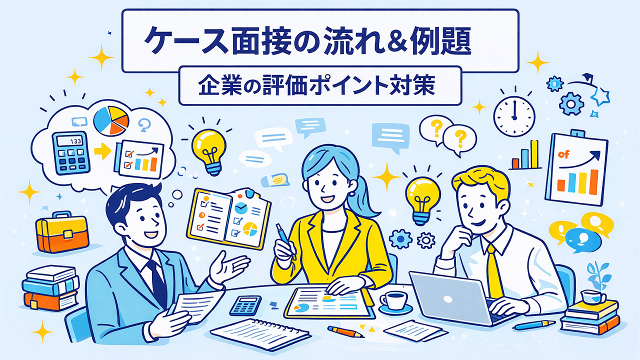 ケース面接とは何かを、流れ・例題・企業の評価ポイント対策の観点で整理したイラスト