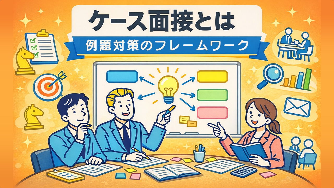 ケース面接とは何かを理解し、例題対策のフレームワークを使って面接対策を行う転職者のイラスト