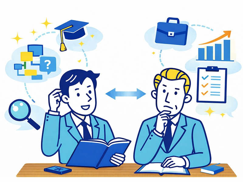 ケース面接において新卒と中途で評価されるポイントや注意点の違いを整理し、それぞれの立場に応じた考え方を示しているイラスト