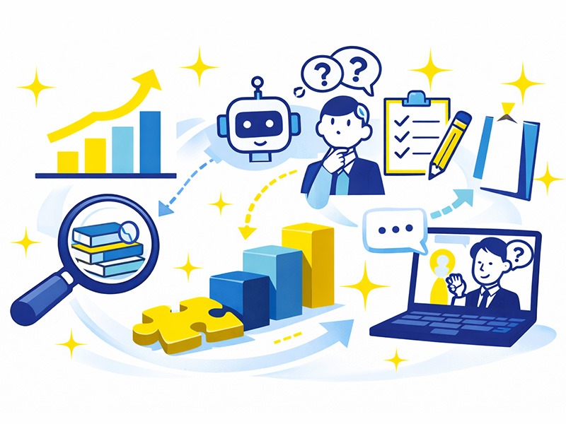 ケース面接の練習方法や対策手順を、例題演習やAI活用の流れとして整理したイメージ