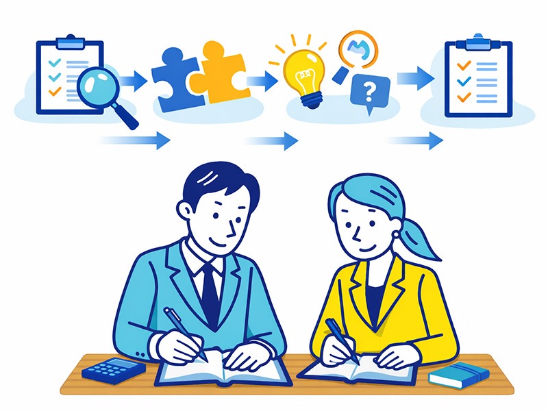 ケース面接の流れと頻出例題について、前提確認から仮説立案、検証までの思考プロセスを整理している様子のイラスト