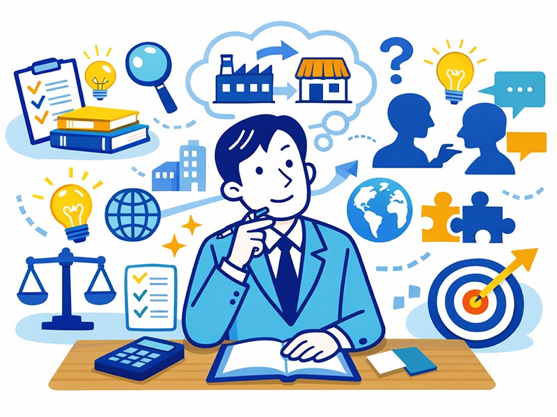 ケース面接とは何かを考え、例題に対する思考プロセスやフレームワーク、評価ポイントを整理している様子のイラスト