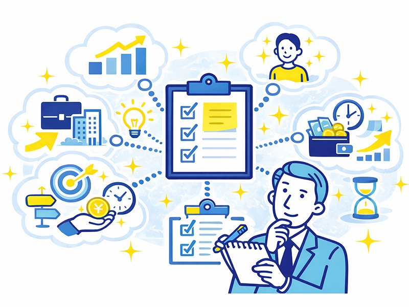 目的整理で不安を減らす方法を示すイラスト。退職してから転職活動を進める際に優先順位や希望を整理するイメージ