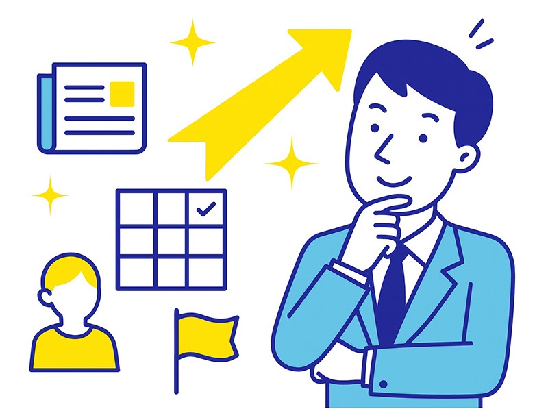 就活の企業研究で会社の方向性を理解する様子を表したイラスト。ニュースや中期方針から企業の向かう方向を読み解く学生のイメージ。