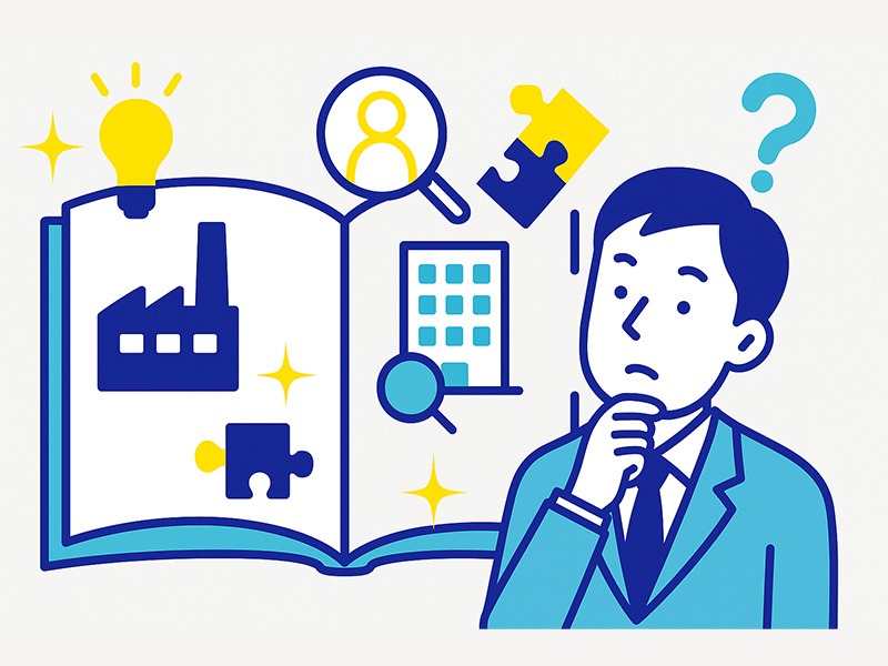 就活の企業研究と企業分析の基本理解を表すイラスト。学生が企業情報を整理し相性を見極めている様子を示した図。