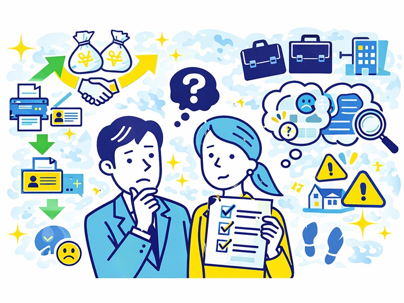 次を決めてから退職する30代の判断軸を表したイラスト。内定後に見落としやすいリスクや収入の空白、キャリアの連続性を整理している