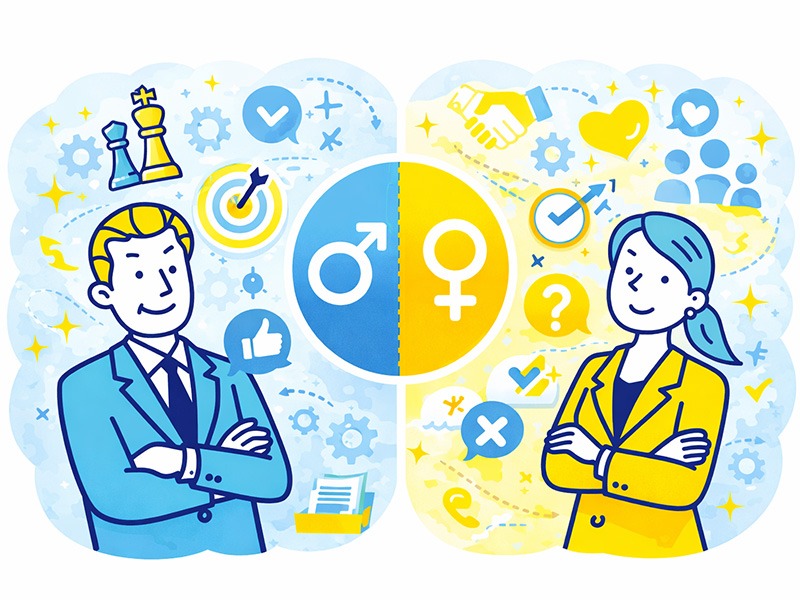 ENTJ指揮官の向いてる仕事を男女別に整理したイラスト｜男性・女性で異なる適職傾向と働き方の違いを示すイメージ