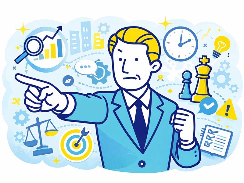 ENTJ指揮官の性格と仕事観の特徴を表したイラスト｜論理性と計画力を活かして仕事を進めるENTJ向いている仕事のイメージ