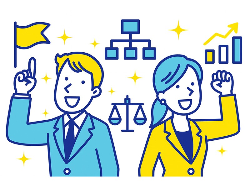 ENTJに向いている仕事と適職の特徴を表すイラスト。リーダーシップや企画・戦略などの相性の良い職種を象徴するアイコンを配置した図。