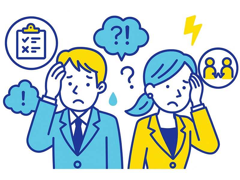ENTJに向いていない仕事とストレス要因を表すイラスト。裁量の少ない業務や曖昧な指示に悩む男女の様子と関連アイコンを描いた図。