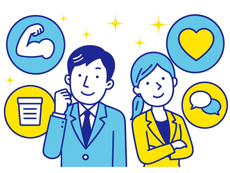 ESFPの男女別に見る適職と仕事の傾向を表したイラスト。男性の行動力と女性の対人支援力を象徴するアイコンを配置し、性別ごとの強みの違いを示した構図。