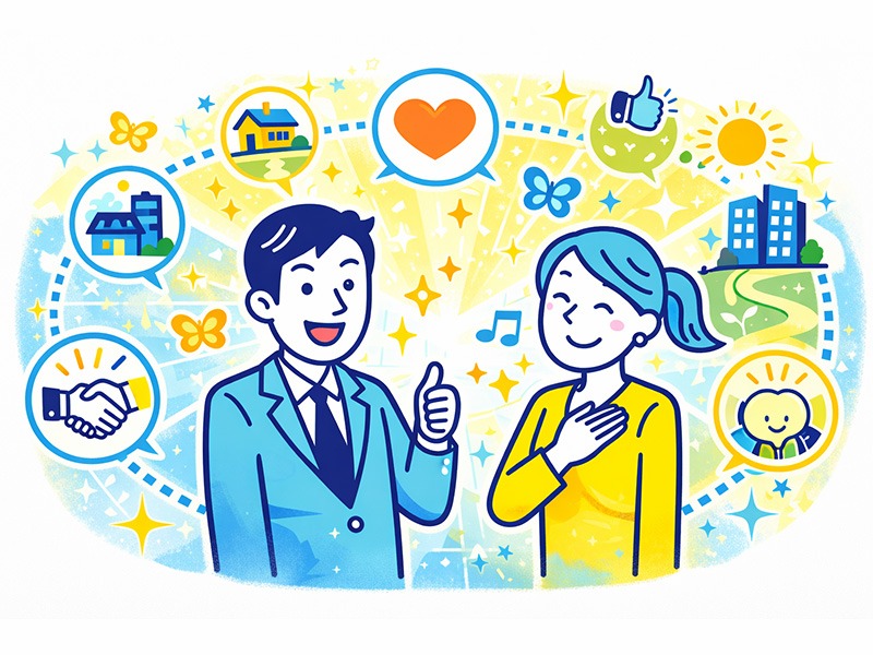 ESFPエンターテイナーが幸せに働く仕事の仕方を表したイラスト。自分の強みを活かし、前向きな気持ちを保ちながら働ける環境を象徴的に表現