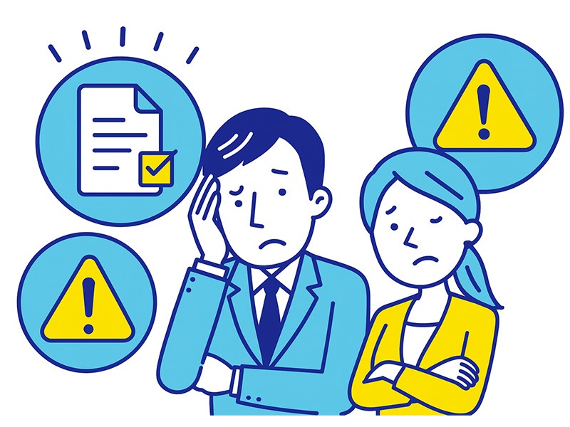 ESFPに向いてない仕事の特徴を示すイラスト。変化や対人接点の少ない職業への注意を促す構成で、懸念を示す人物と警告アイコンを配置したデザイン。