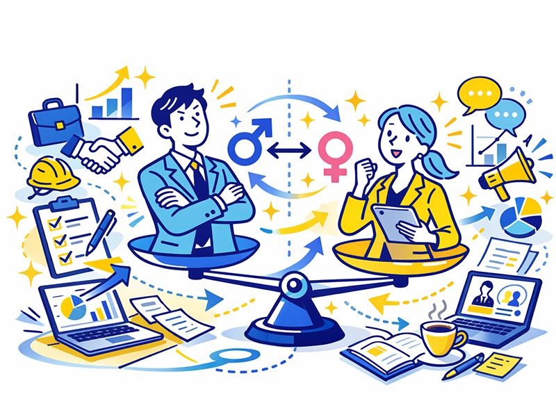 ESTPに向いてる仕事を男女別に整理したイラスト。行動力と実践力という共通の強みを活かしつつ、男性・女性それぞれが評価されやすい役割や職業傾向を分かりやすく表現