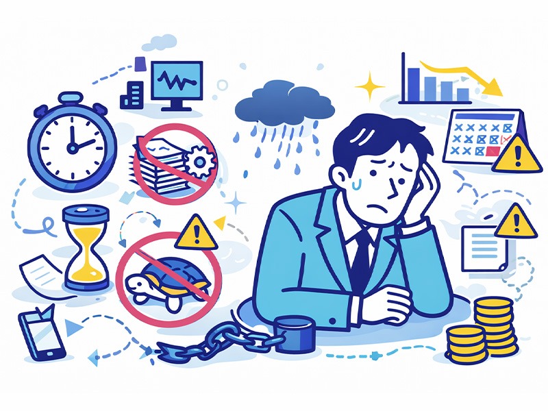 ESTPに向いてない仕事と注意点を表したイラスト。単調で変化の少ない環境や裁量の小さい業務が、ESTPの行動力や瞬発力とミスマッチになりやすい点をアイコンで整理