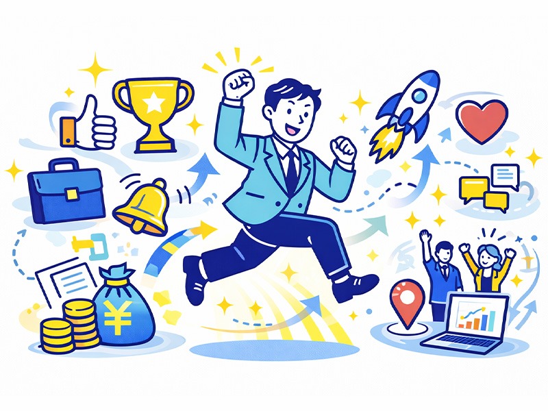 ESTPが仕事で幸せを感じる条件を表したイラスト。行動力や柔軟性を発揮できる環境で、変化や裁量を楽しみながら働くESTPの満足度が高まるポイントをアイコンで表現