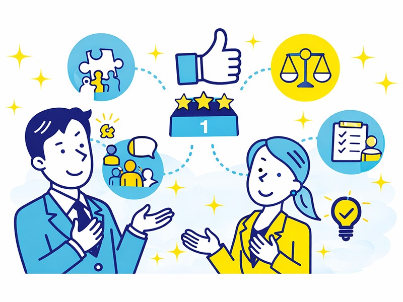 就活のグループワークで重視される評価基準として、協調性・状況判断・役割理解などの行動面を示したイラスト