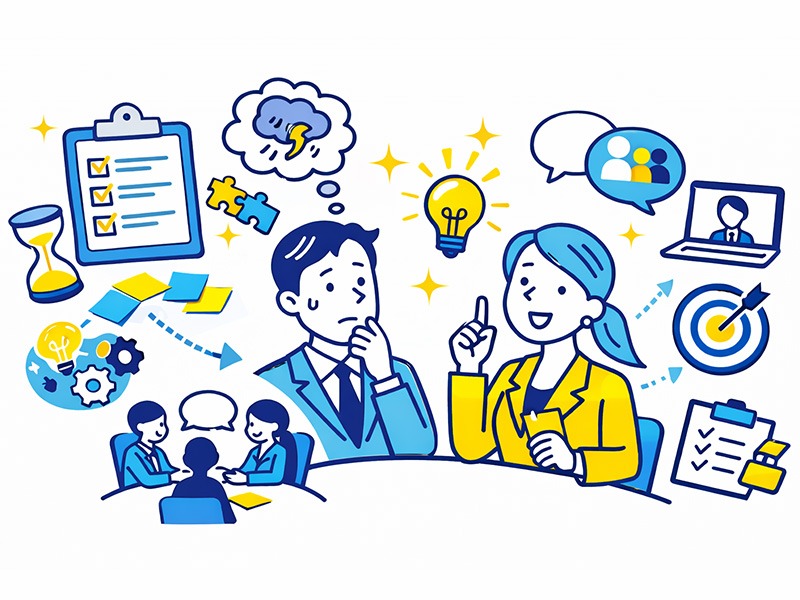 就活のグループワークが苦手な人向けに、役割分担や状況整理など評価につながる対策を示したイラスト