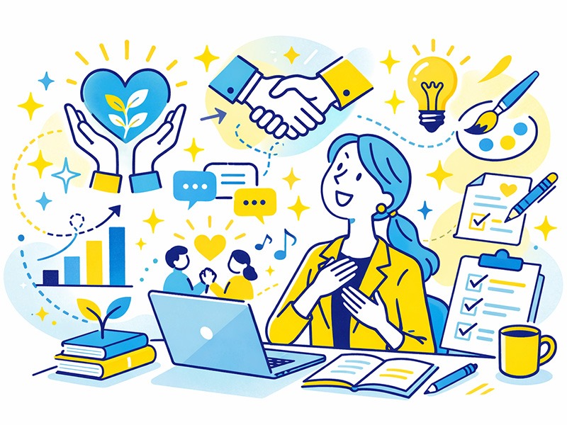 INFP仲介者が仕事で嬉しいと感じる瞬間や達成感を表したイラスト|向いている仕事の判断軸