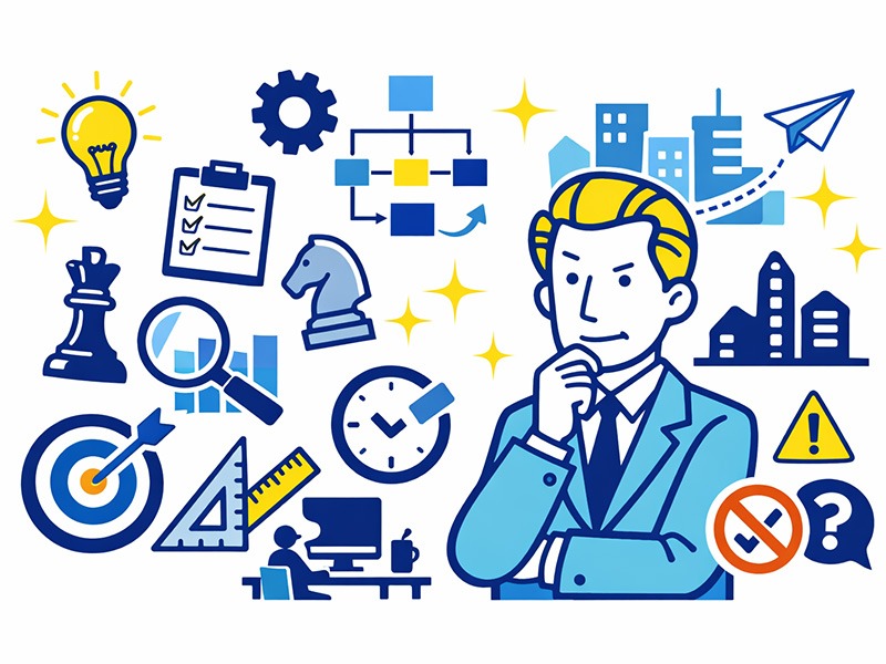 INTJ建築家タイプの性格と仕事観を整理し、論理性や独立心、非効率を嫌う価値観を示したイラスト