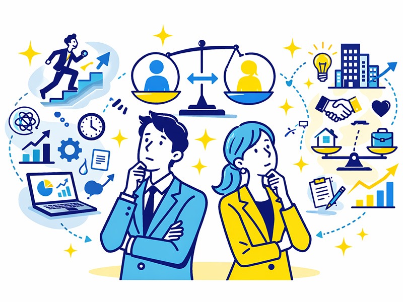 INTJ建築家タイプの男女別キャリア傾向を示し、性別による課題や働き方の違いを整理したイラスト