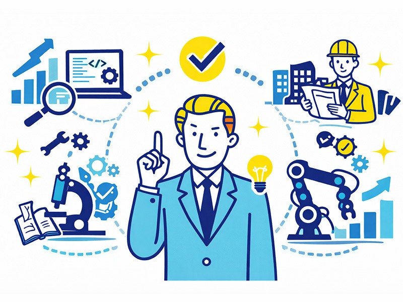 INTJ建築家タイプに向いている仕事や職業を整理し、論理性や改善志向を活かせる働き方を示したイラスト