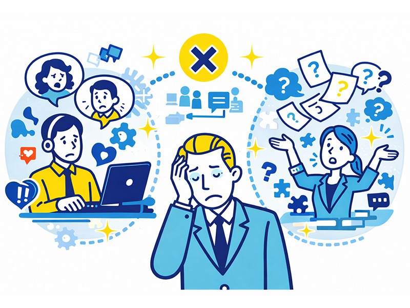 INTJ建築家タイプに向いていない仕事の傾向を示し、感情労働や曖昧な職場文化が負担になる理由を表したイラスト