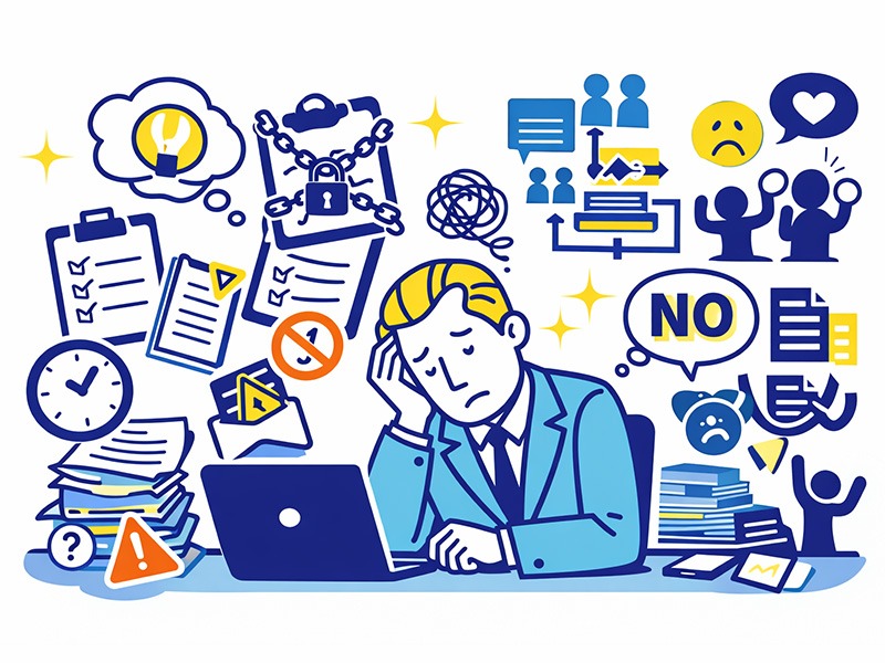 INTJ建築家タイプが仕事で消耗しやすい理由を示し、非合理なルールや感情重視の職場環境によるストレスを表したイラスト